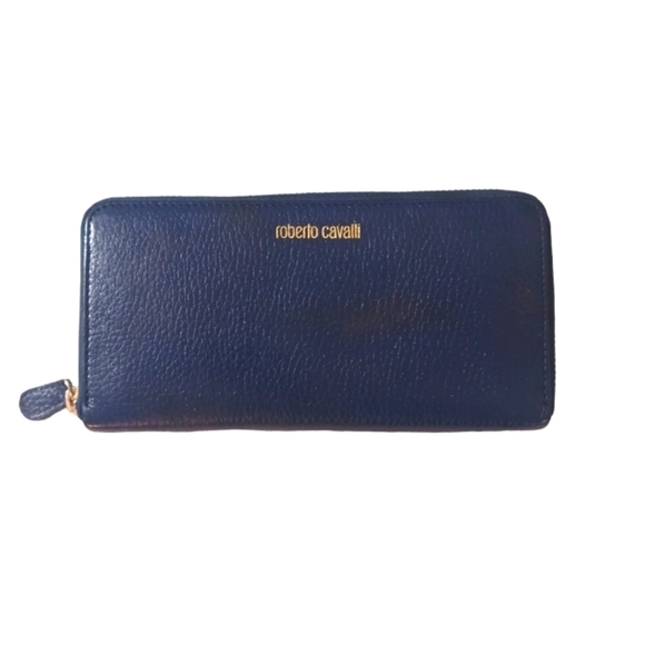Roberto Cavalli Wallet Navy Blue Pebbled Leather Accordian Wallet - Picture 1 of 10